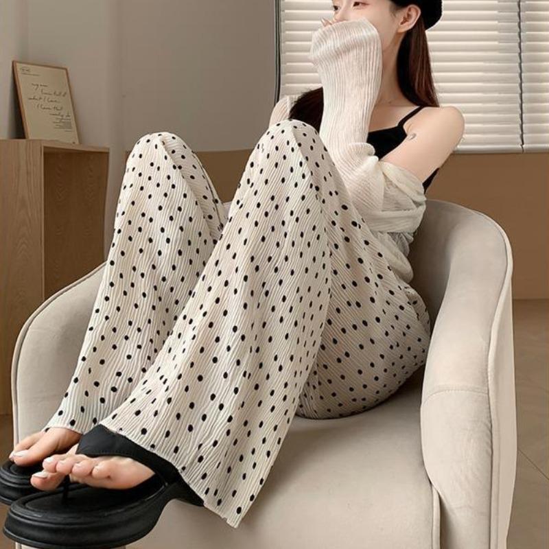 Polka Dot Pleated Wide Leg Pants for Women Summer Thin High Waist Drape Straight Loose Ice Silk Feel Floor Long Pants