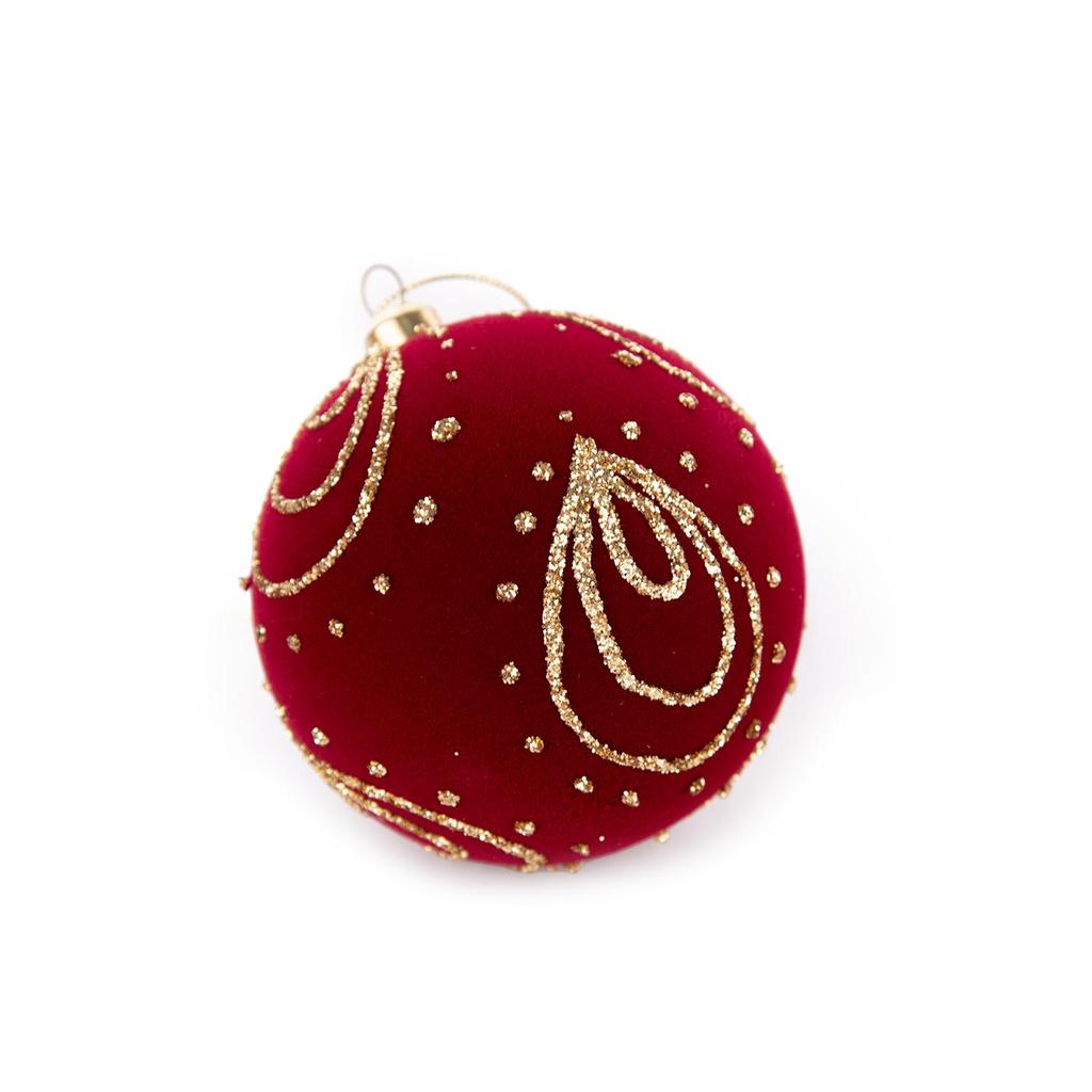 8cm bordeauxrote beflockte Weihnachtskugeln mit goldenem Glitzer-Muster, 24 Stück Geschenkbox-Set, 3 Muster Weihnachtsbaumschmuck