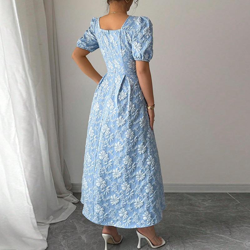 Women's Square Neck Floral Print Puff Sleeve Button Front Midi Dress
