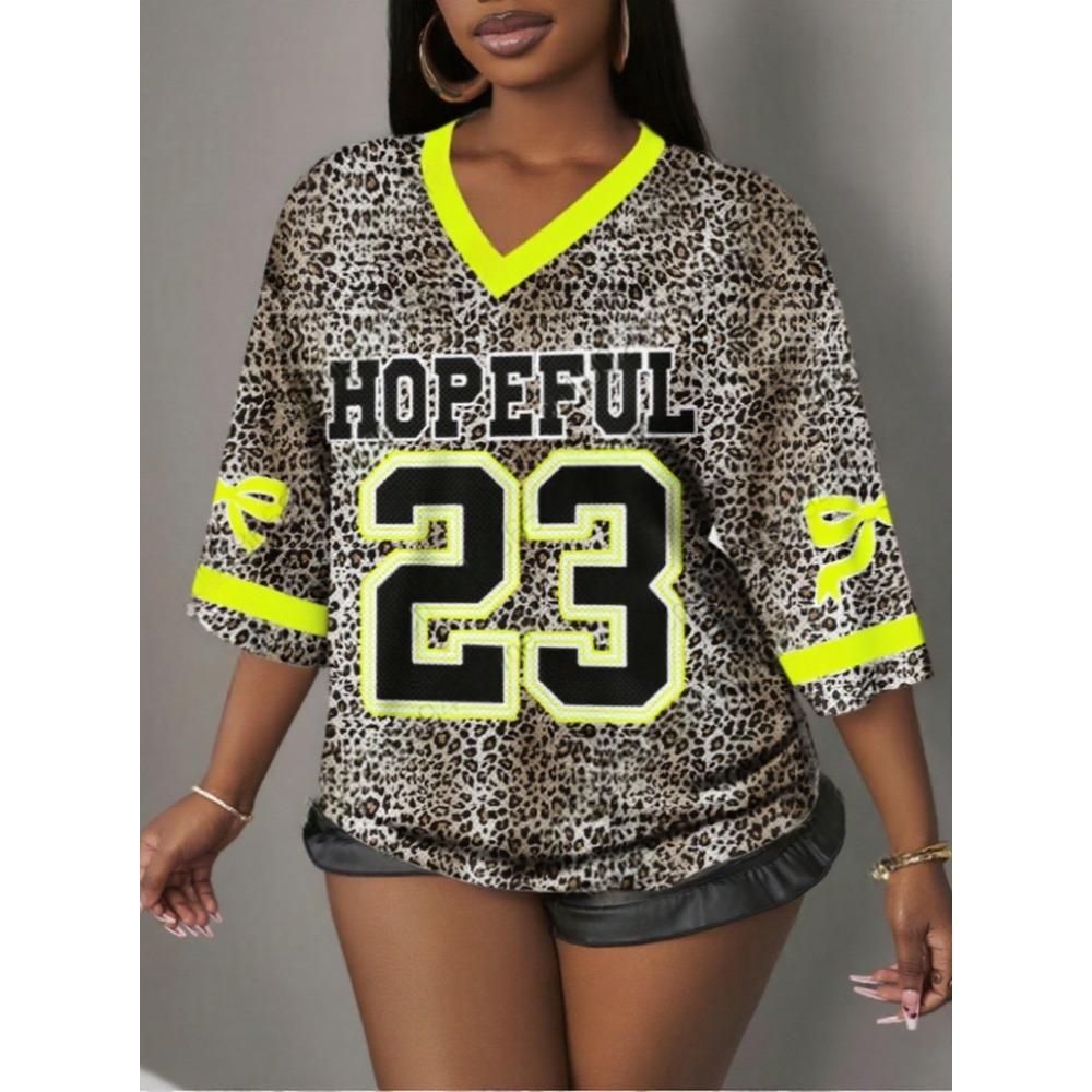 Fashion Casual Women Number 23 Print V-Neck Short Sleeve T-Shirt Summer Tee Baseball Jerseys Stripe Oversized Sport T-Shirt