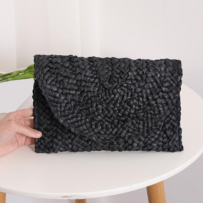 Fashion Beach Purse Women Summer Beach Bag Envelope Woven Clutch Solid Color Large Capacity Storage Bag Corn Husk Straw Hand Bag