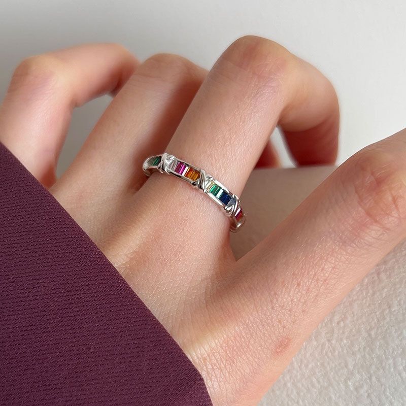 925 Sterling Silver Colorful Stone Lines Ring For Women Fine Jewelry Finger Adjustable Open Vintage Ring For Party Birthday Gift