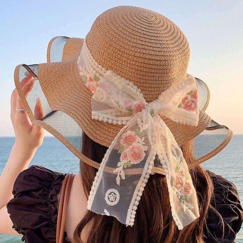 Flower Ribbon Sun Hat For Women's New Seaside Vacation Sweet Lace Sun Hat Summer Big Brim Straw Hat