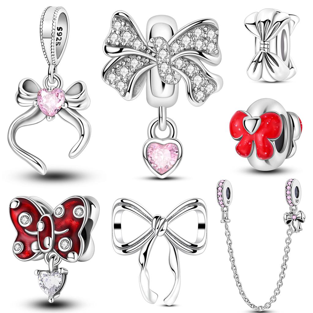 Original Copper Women Bow Charms Bead Zirconium Pink Rosette Pendants Fit Bracelets Diy Jewelry Lover Friend Gift