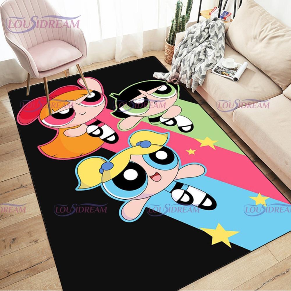 Alfombra de dibujos animados con estampado de Chicas Superpoderosas, decoración para sala de estar y dormitorio, alfombra antideslizante para baño, felpudo para suelo en el pasillo