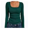 Women‘s Ribbed Square Neck Top, Long Sleeve Slim Fit Basic Shirt for Fall Winter Spring, Casual Crop Tee