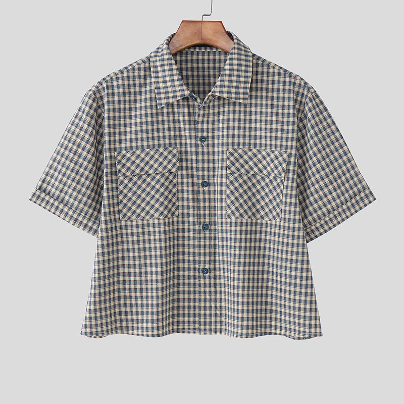 

INCERUN Men Turn Down Collar Short Sleeve Plaid Casual Loose Short Shirts 5XL синий
