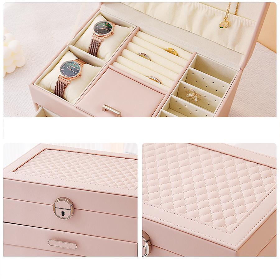 1PC, Light Luxury High-end PU Leather Diamond Three-layer Leather Jewelry Storage Box with Lock