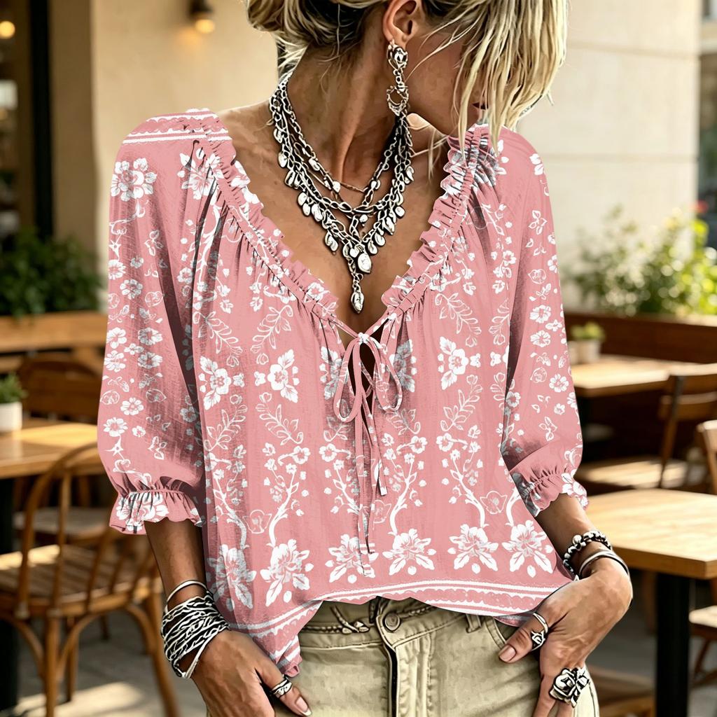 Women's Casual Printed V-Neck Ruffle Tie Blouse