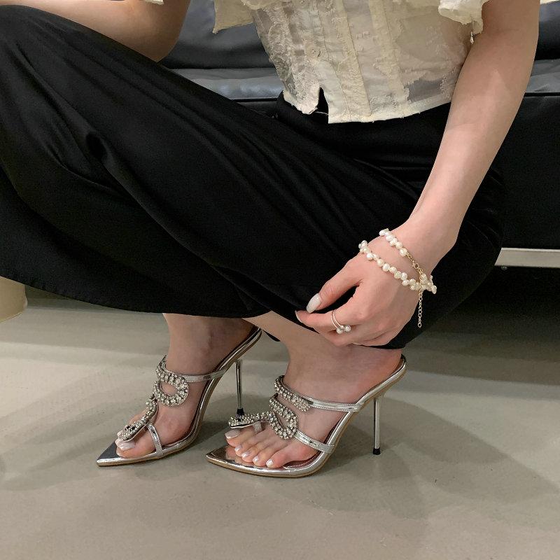 Fashion 2025 New Pointed-Toe High Heels, Women'S Sandals, Thin Heels, Summer Snake-Shaped Rhinestone Flip-Flops
