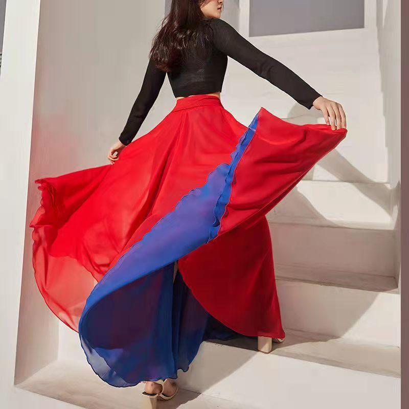 

Танцевальные юбки, шифоновые длинные юбки для женщин, элегантные повседневные пляжные макси-юбки с высокой талией в стиле бохо, носить с обеих сторон XL