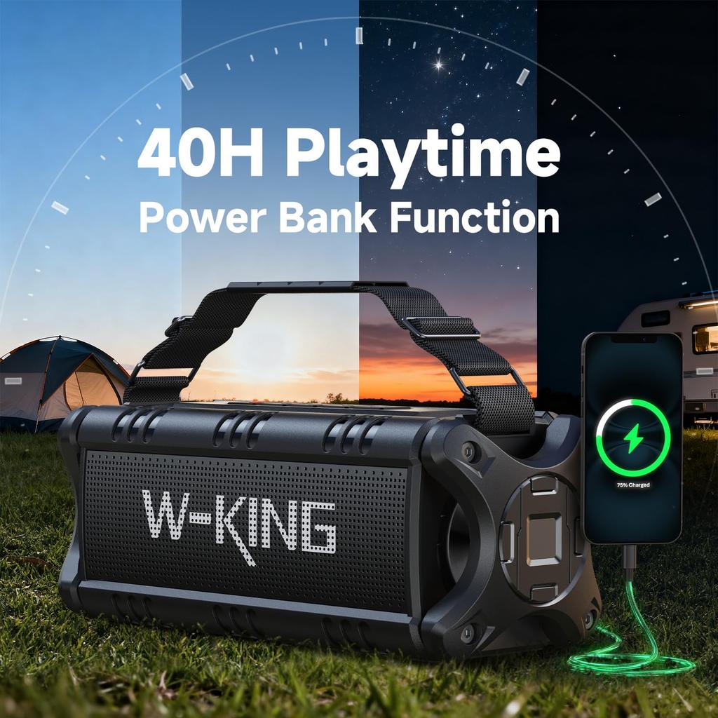 50W Bluetooth IPX6 Waterproof Portable Wireless Speaker with Deep 40 Hours of Enhanced Bass Power Bluetooth TF Card and NFC W-KING (90W Peak) Speaker,