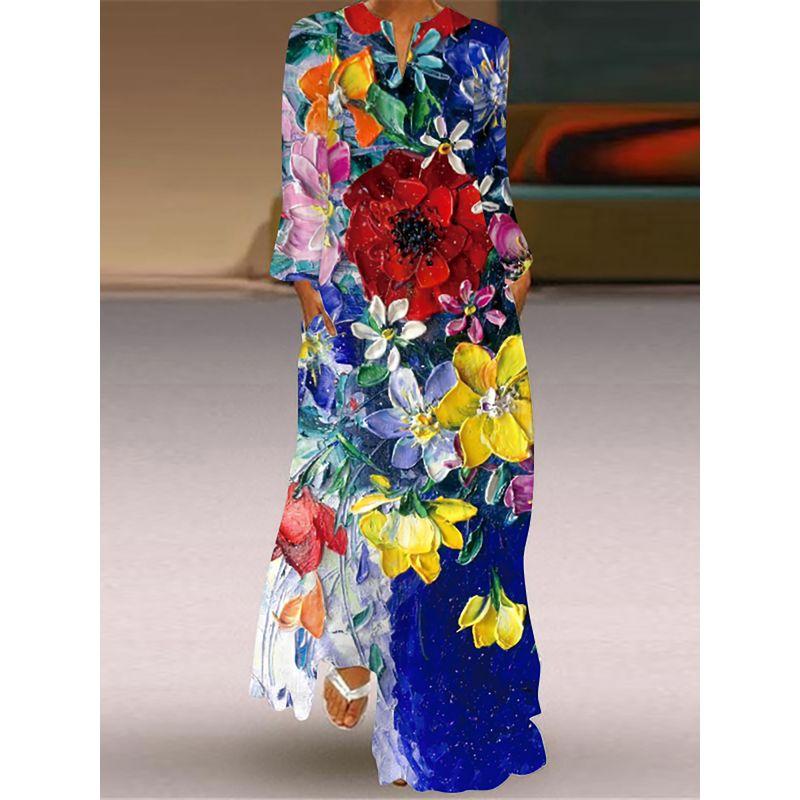 Spring/Summer Fashion Dress Women's Chinese Style Red Carp Printed V-neck Long Sleeve Dress Travel Catwalk Beach Dress