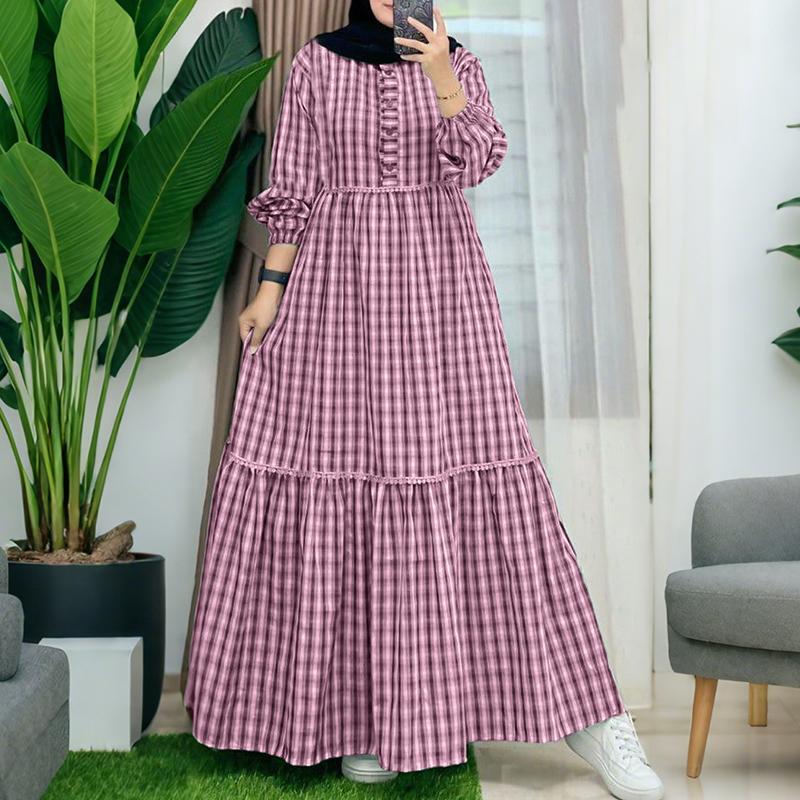 

ZANZEA Women Casual Round Neck Long Sleeve Loose Grid Print Dress 5XL