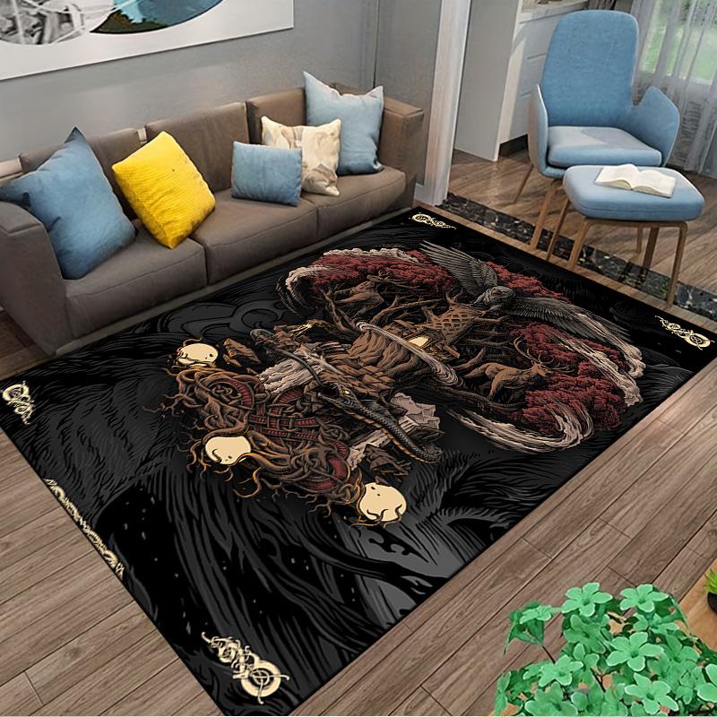 Fantasy-Themed Carpet with Crossed Axe  Hammer Design Orange Runes, Black Background Suitable for use as an anti-slip    for    room and bedroom sofas