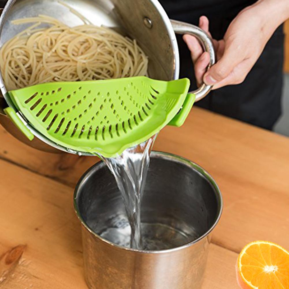 Clip-on Green Silicone Pasta Snap Strainer Dishwasher Safe Colander Universal Size Fit Most Pans Suitable for Draining Pasta Vegetables Potatoes etc