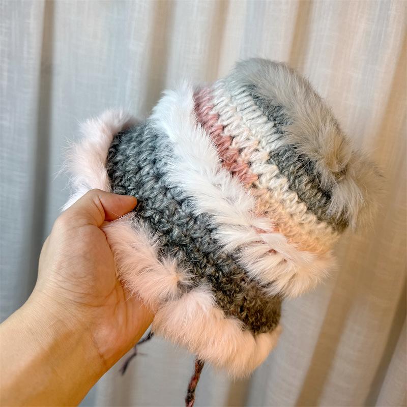 Rabbit Fur Knitted Hat for Women  New Autumn and Winter Plush Fisherman Hat Fashionable and Versatile Face Showing Small Woolen Basin Hat