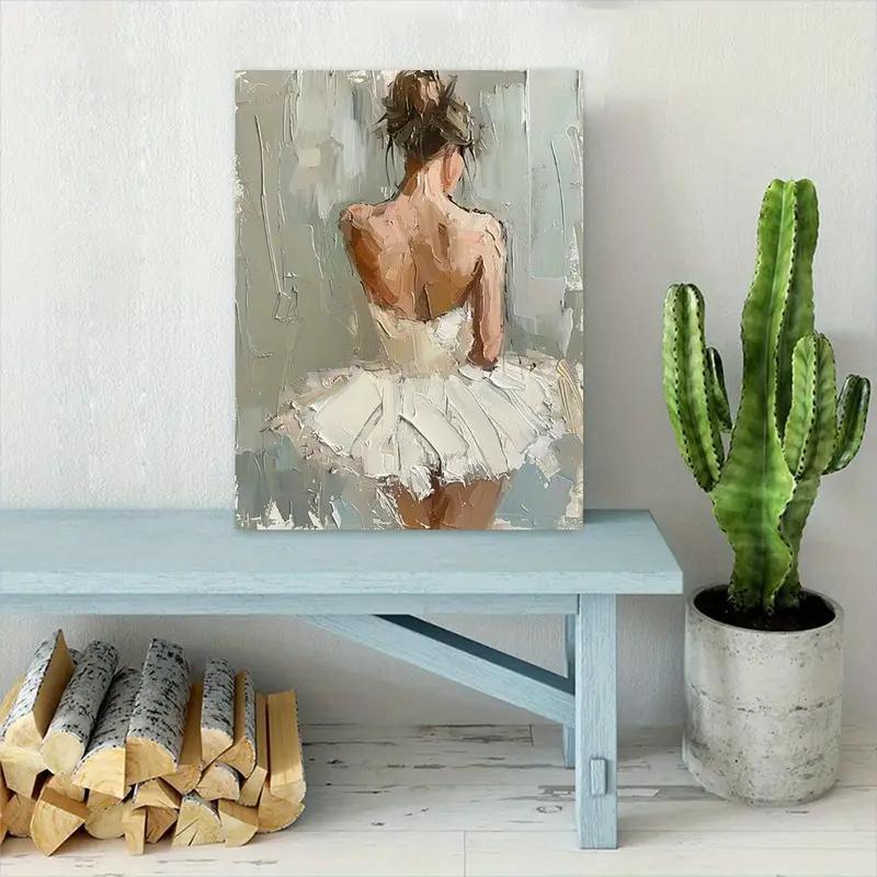 Ballerina Wall Art - Waterproof Oil Painting on Canvas with Wrap-Around No Frame, White & Beige Ballet Dancer Painting for