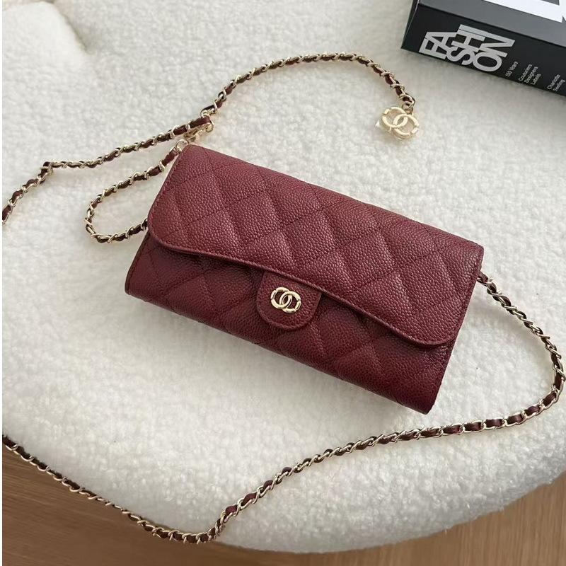 2026 New Caviar Patterned Cowhide Long Three Fold Wallet Hand-held Bag Chain Strap Crossbody Genuine Leather Women's