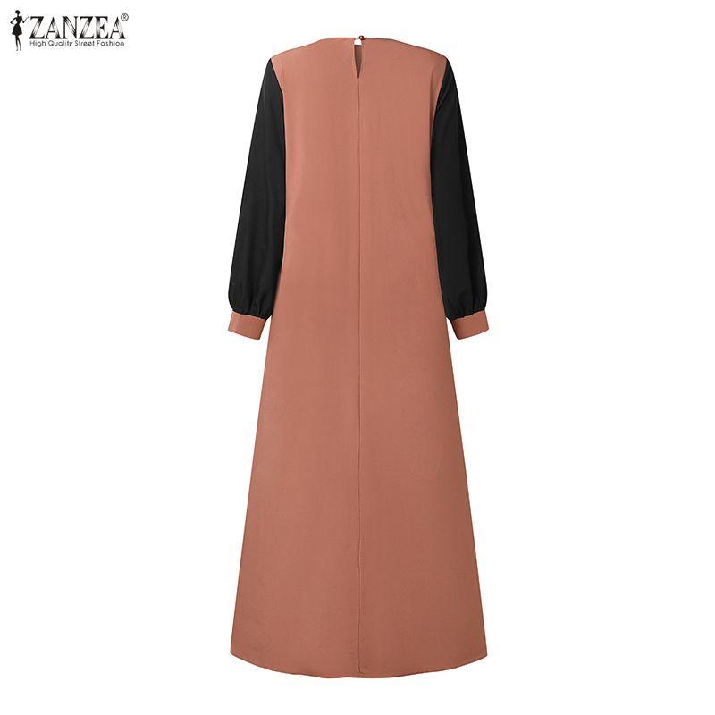 ZANZEA Women Casual Round Neck Splice Long Sleeve Muslim Long Dress