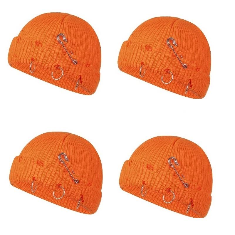 Women Girls Y2k Gothic Beanie Winter Knit Hats Trendy Metal Rings Pin Hip Hop Streetwear Harajuku Skull Cap Emo Scene Grunge