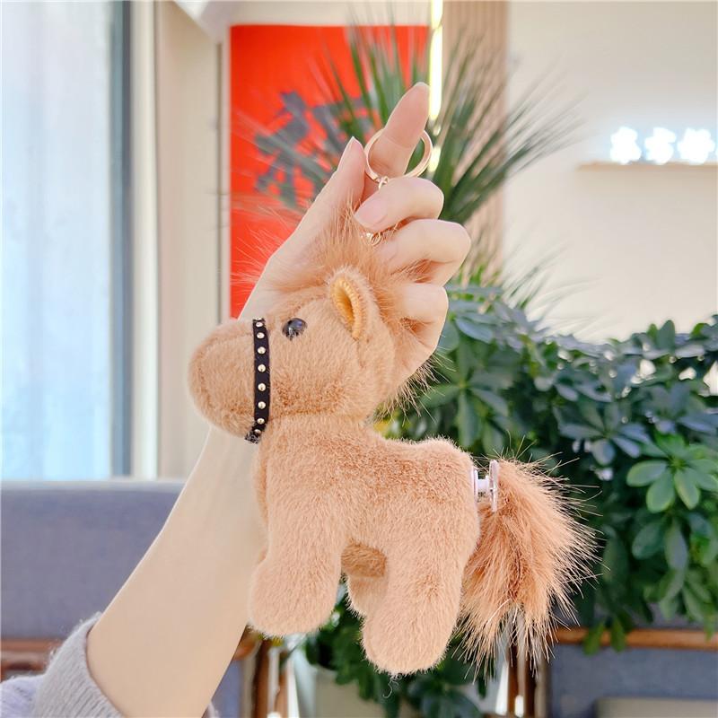 1Pcs Fuzzy Tail Turning Pony Doll Backpack Accessory Creative Cartoon Horse Plush Doll Keychain Cute Bag Pendant