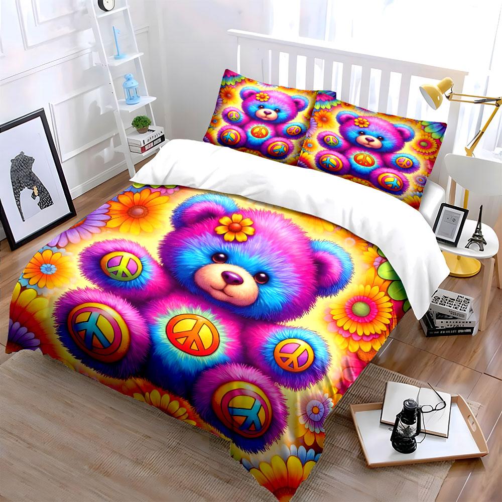 Colorful Teddy Bear with Peace Symbols Print Bedding Set 1 Duvet Cover 2 Pillowcases for Adult and Children Luxury Gift