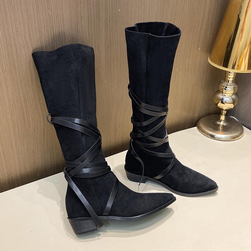 Fashion Fashion Slim Lace-up High Boots Vintage Leisure Shoes Women Suede Booties Autumn Winter Ladies Knee High Boots Shoes High Heels