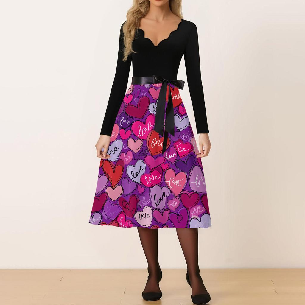 Damen Casual Mode V-Ausschnitt Valentinstag Print Retro Kleid