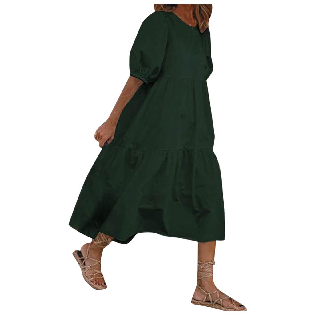 Women's Summer Casual Solid Color Puff Short-sleeve O-neck Big Swing Shirring Stitching Cotton Linen Dress