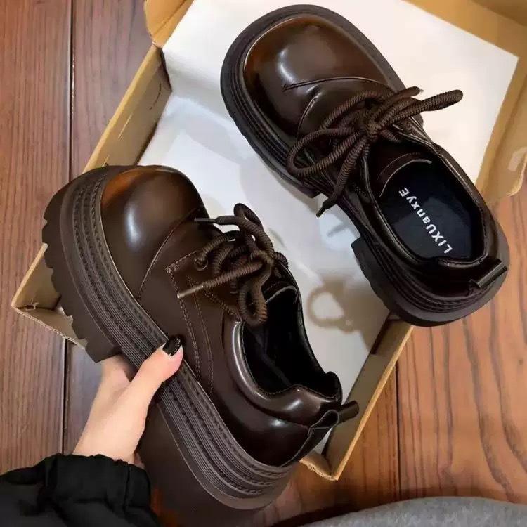 European big head platform small leather shoes women's muffin shoes British commuter lace-up 2025 small man height increase JK loafers