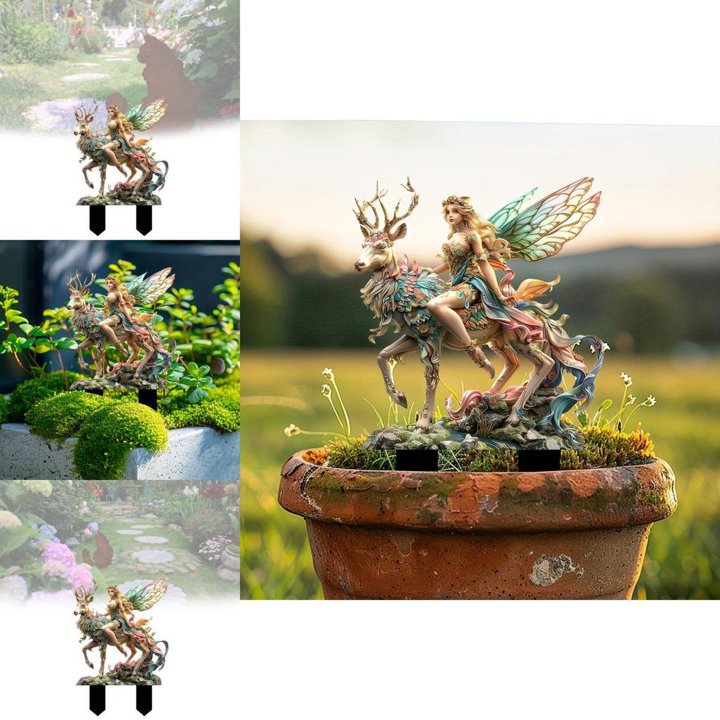 Vibrant Green Magical Deer And Forest Fairy Garden Acrylic Stake Sign Perfect For Unique Gifting