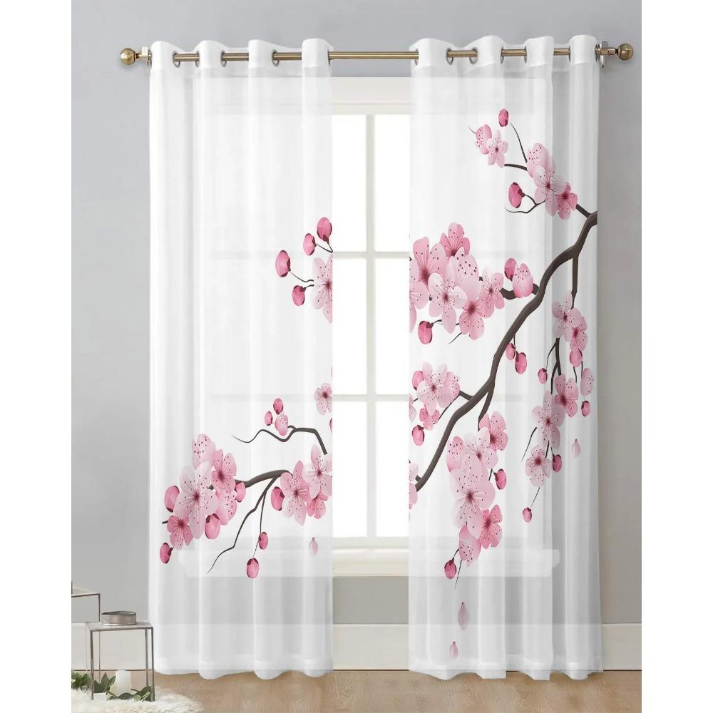 Japanese Pink Flower Cherry Blossom White Sheer Drapes for Living Room Bedroom Decor Window Curtain Curtain Panels