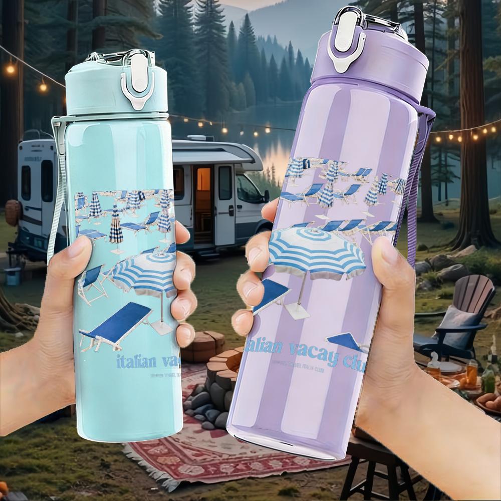1PC Blue wave ocean abstract print 750ml colorful plastic sports water bottle leakproof pop lid with straw for outdoor office home use