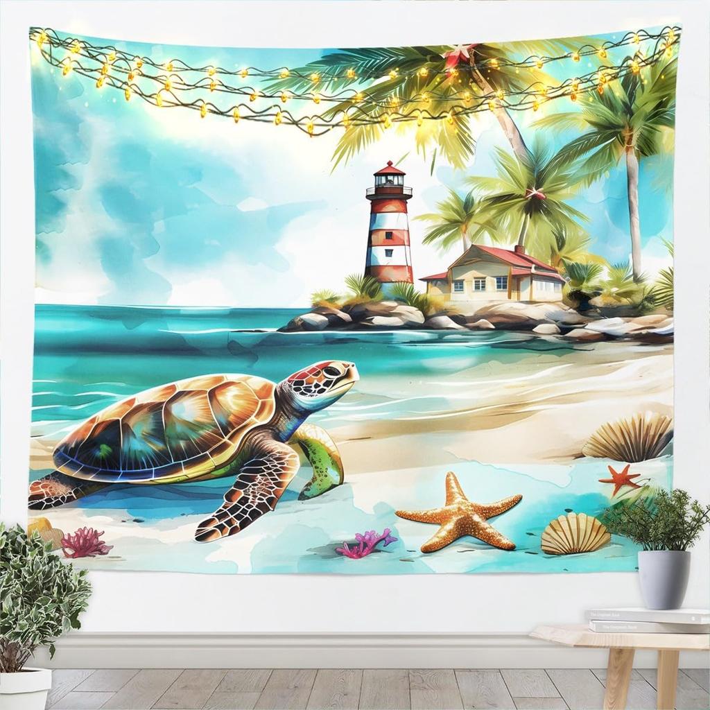 Tropical Sea Tapestry Blue Wave Palm Trees Wall Hanging, Summer Ocean Theme Cartoon Wall Blanket Home Artwork, Kids Girls Room