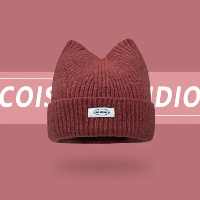 Korean Version New Cute Cat Ear Letter Patch Knitted Hat Women's Autumn and Winter Thickened Warm Versatile Simple Beanie Cap