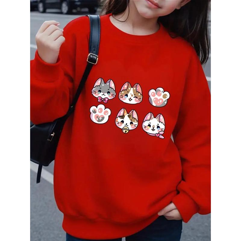 European sizes Girls' Crewneck Sweatshirt - Cute Cat Faces And Paws Pattern, Sportswear And Casual Wear, Soft And Comfortable