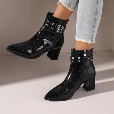Nowe Damskie Buty-Botki na Szpilce ze Szpiczastym Noskiem z Bocznym Zamkiem Błyskawicznym, Detalem Klamry Paska, Grubym Obcasem, Ciepłe-Idealne do Zimowych Jeansów