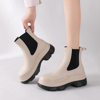 Korean Style Women's Waterproof Chelsea Rain Boots - Mid-Calf Rubber Overshoes with Thick Sole Fashion.