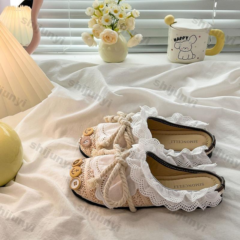 Fashion Women Casual Flats 2025 Summer New Lace Weave Breathable Straw Slippers Outdoor Fashion Bow-knot Comfortable Non Slip Half Drag