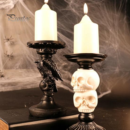Vintage Gothic Table Centerpiece Halloween Candlestick Holder Decoration, Raven Skull Candle Holder, Spooky Decor for Home Taper Stand Tabletop