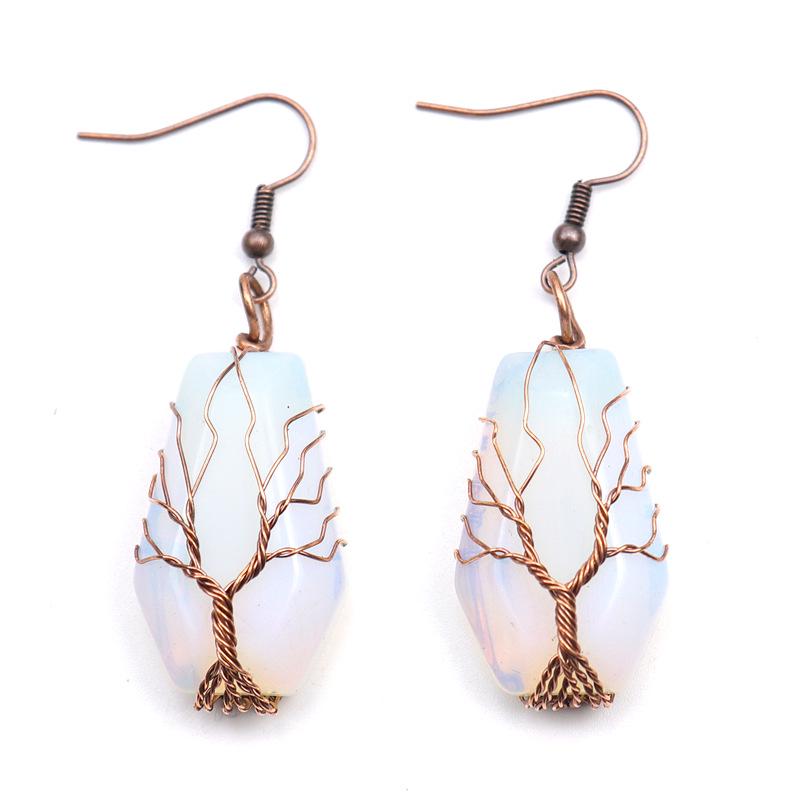 Handmade Agate Coffin Board Tree of Life Earrings - Natural Stone Crystal Dangle for Wealth and Harmony.
