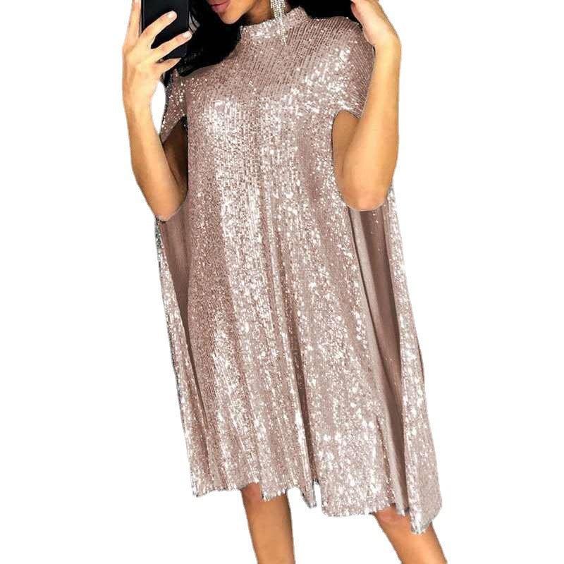 European & American Women's Sequined Long-Sleeve Slit Dress with Stand-Up Collar and Cape Skirt