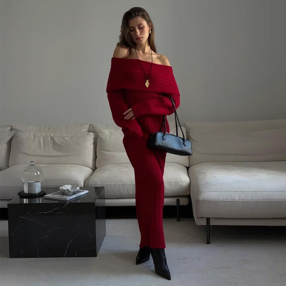 Knitted Off-the-shoulder Long-sleeved Dress, European, American Autumn and Winter New One-word Shoulder-wrapped Hip Knitted Dress for Women