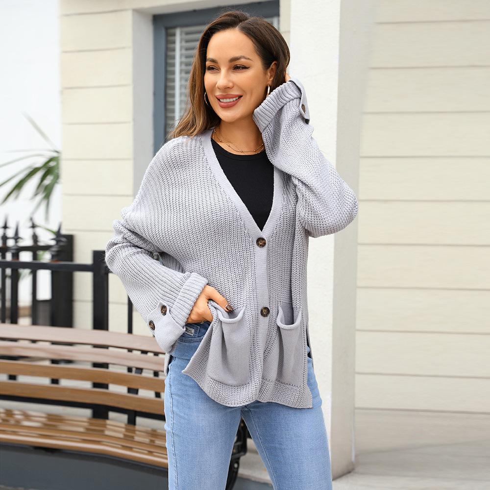 

Зимняя Новая Коллекция: Модный вязаный кардиган с V-образным вырезом, свободный свитер, топ с длинными рукавами и карманом XL серый