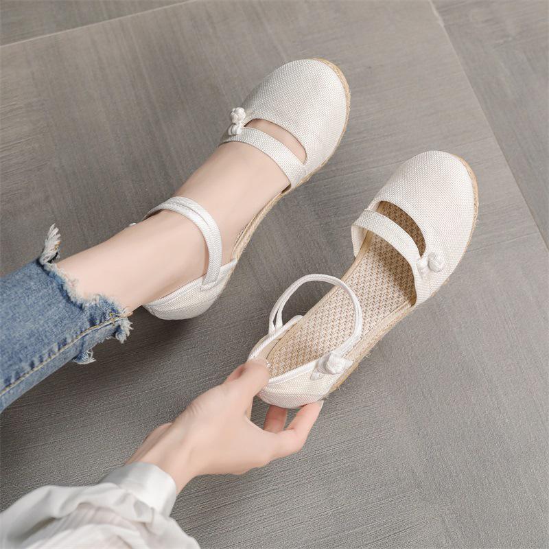 2025 New Korean Style Women's Wedge Heel Sandals: Comfortable Pointed Toe Buckle Linen Casual Sandals