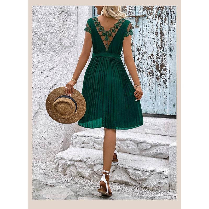 VEZFAA Kvinnemote Sommer Våren Ensfarget Print Kortermet V-hals Høy midje Uformelle kjoler