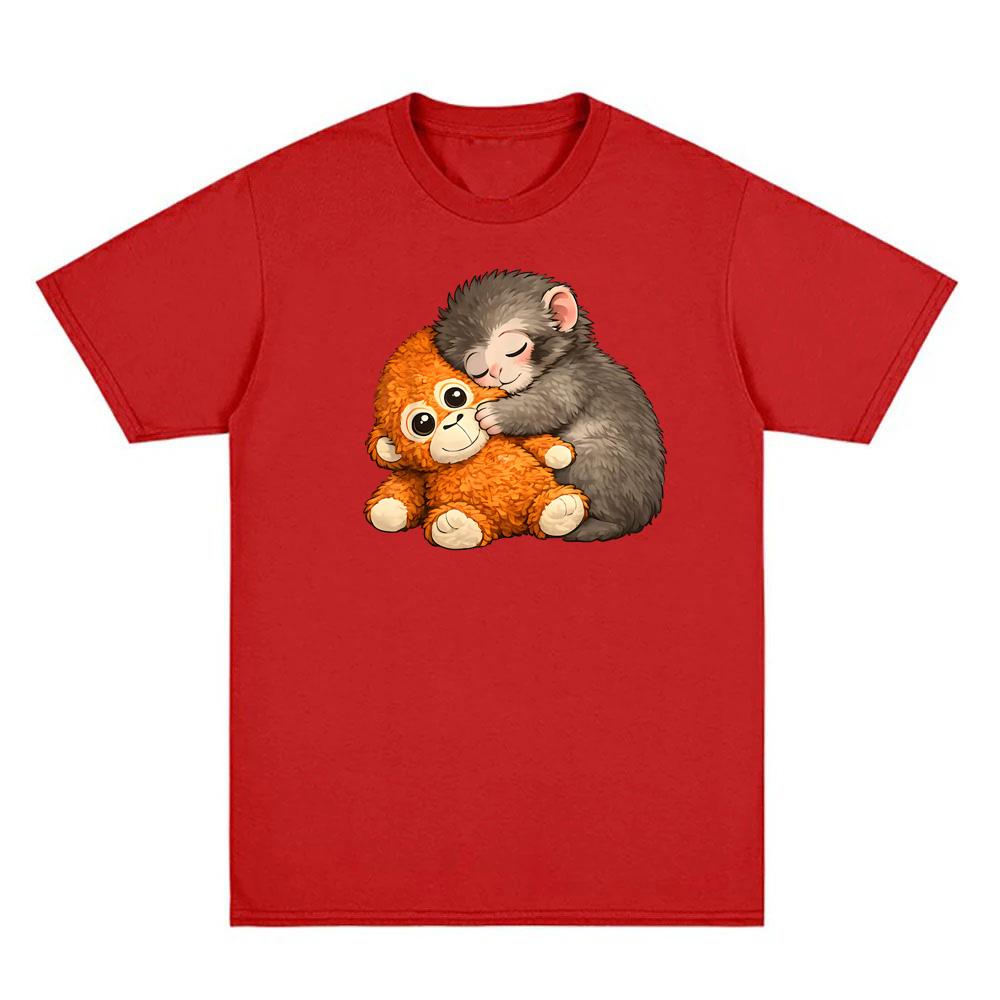 

Punch Monkey AND Orangutan plush toyT-Shirt New Style Kawaii Graphic Printing Tee-shirt Round Neck High Quality 100%Cotton Tops Mens and women clothes XS красный