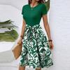 Women's Fashionable Retro Patterned Printing Color Blocked Belt Casual Dress