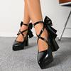 Punk Pointed Toe Thick Heels Mary Jane Shoes Women Bowknot Decor Cross Strap Platform Pumps Woman Patent Leather Party Shoes